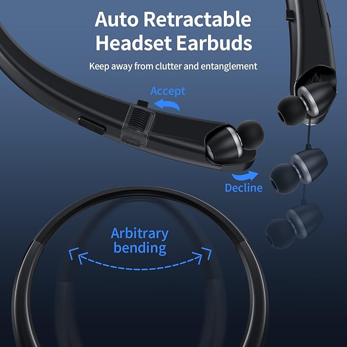 Retractable Neckband Bluetooth Headphones, Wireless Neck Headset with Bluetooth 5.1, 20H Playtime, Dual Device Pairing, Ultra-Light Retractable Earbuds for iPhone/Android with mic (Black)