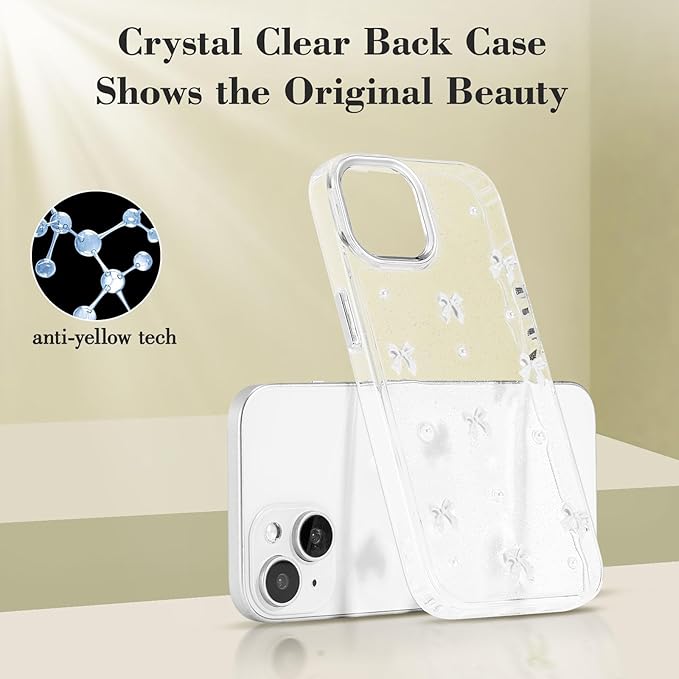 EYZUTAK Case for iPhone 13/iPhone 14, Bling Glitter 3D Bowknot Phone Case Cute Sparkly Crystal Clear Bow Aesthetic Case Slim Soft Durable TPU Transparent Protective Cover for Women Girls - White Bow