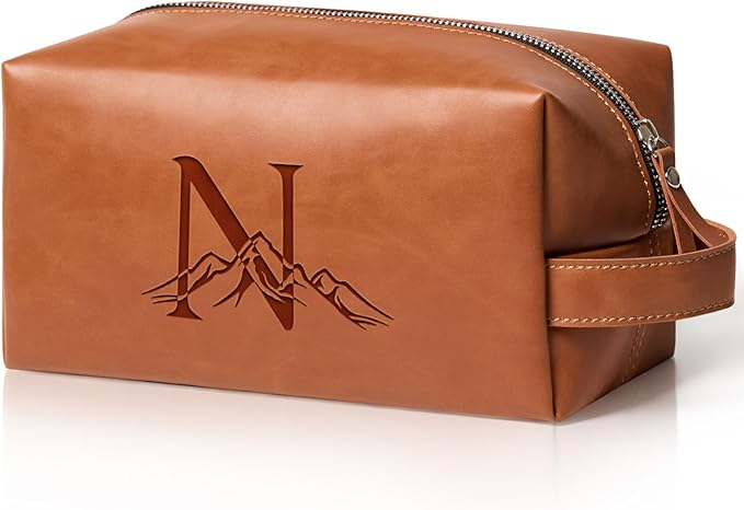 Personalized Gifts Travel Toiletry Bag for Men Engraved Initial PU Leather Waterproof Shaving Bag for Toiletries Accessories Fathers Day Birthday Gift for Men Dad Husband Son, Light Brown N