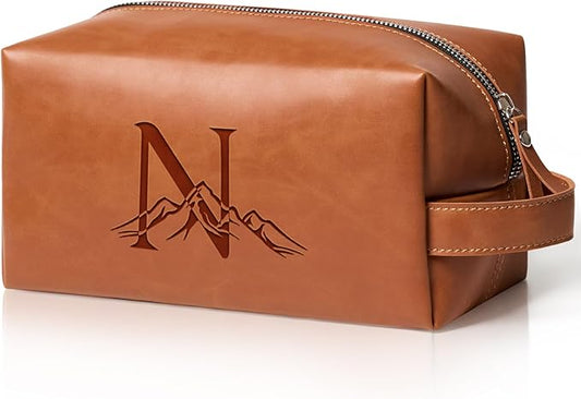 Personalized Gifts Travel Toiletry Bag for Men Engraved Initial PU Leather Waterproof Shaving Bag for Toiletries Accessories Fathers Day Birthday Gift for Men Dad Husband Son, Light Brown N