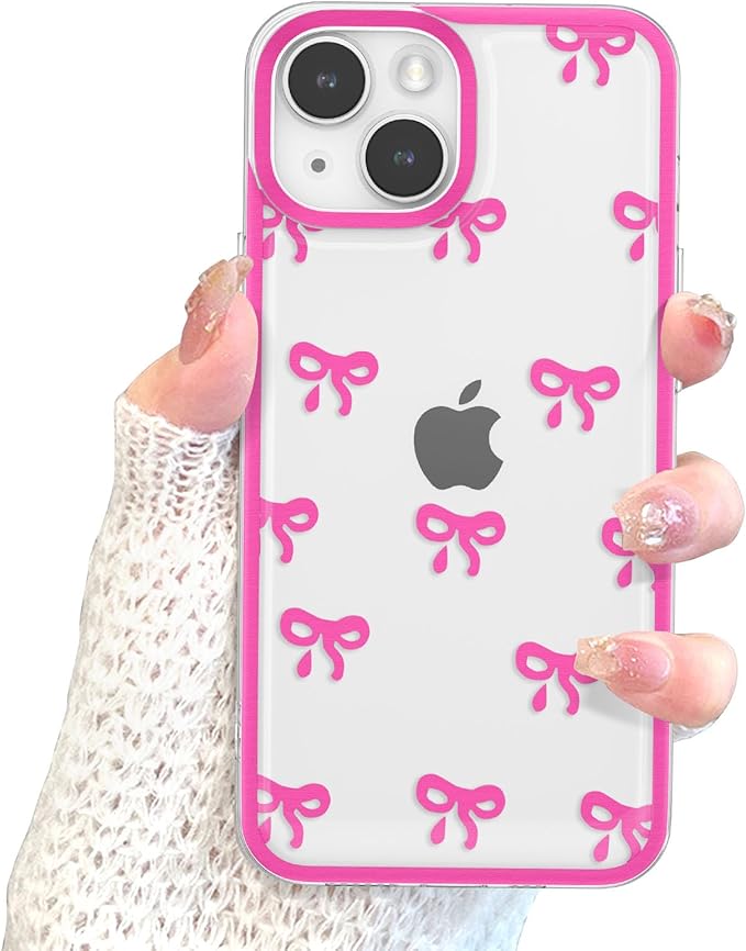 EYZUTAK Case for iPhone 15 Plus, Clear Cute Ribbon Bowknot Pattern Aesthetic Transparent Phone Case Raised Camera Protection Stylish Slim Soft Durable TPU Protective Cover for Women Girls - Rose Red