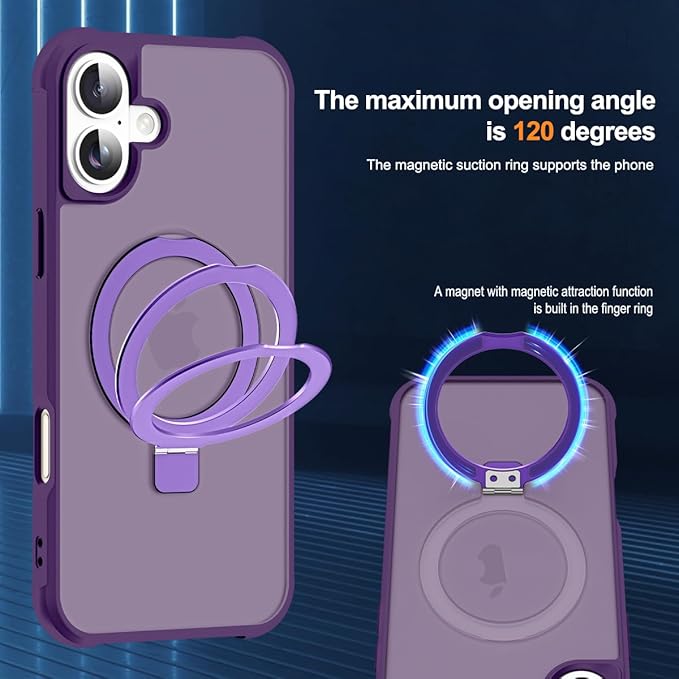 Compatible with iPhone 16 Plus Case with Invisible Magnetic O-Ring Stand Military-Grade Translucent Case for iPhone 16 Plus 6.7" [Compatible with Mag-Safe][Great Grip Feeling], Purple