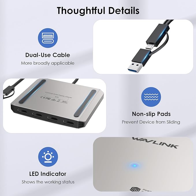 WAVLINK USB C to Quad HDMI 4K Adapter, Universal USB A to HDMI Docking Dual Triple Display Station for Windows, Mac M1/M2/M3/M4, Thunderbolt, USB-C Laptops
