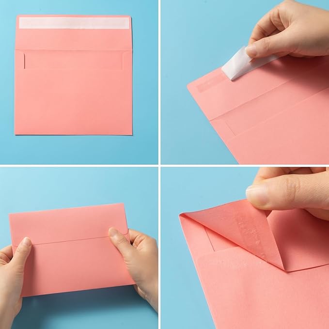 100 Pack A7 Envelopes with Blank 5 x 7 Cards Pink Self-Adhesive Business Envelopes Invitations Cards Envelopes (5 Colors Pink, A7)