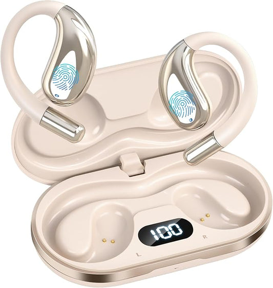 Open Ear Clip Wireless Earbuds Bone Conduction Headphones, Bluetooth 5.4,Open Ear Design,Built-in Mic, IPX5 Waterproof,LED Display Charging Case,Ear Hooks Ear Buds Design for Running Fitness ,Khaki﻿ ﻿