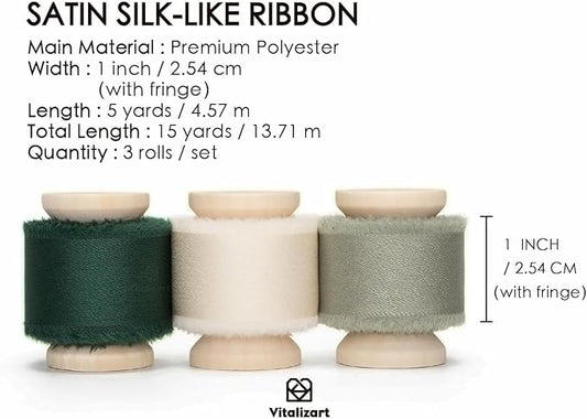 Vitalizart Green & White Silk Satin Ribbon 1 Inch x 15 Yard Wooden Spool Handmade Frayed Ribbon for Gift Wrapping Baby Shower Wedding Bridal Bouquets Holiday Decor Dark Dusty Cream