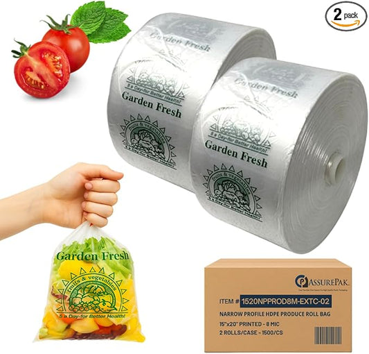 Clear Produce Bags Roll - 1500 Bags - 15"x20" – (2 Rolls, 8 Microns) – for Grocery, Small Business, Reusable Produce Use, Food & Storage Needs, Garden Fresh, Narrow Profile, Kitchen Use