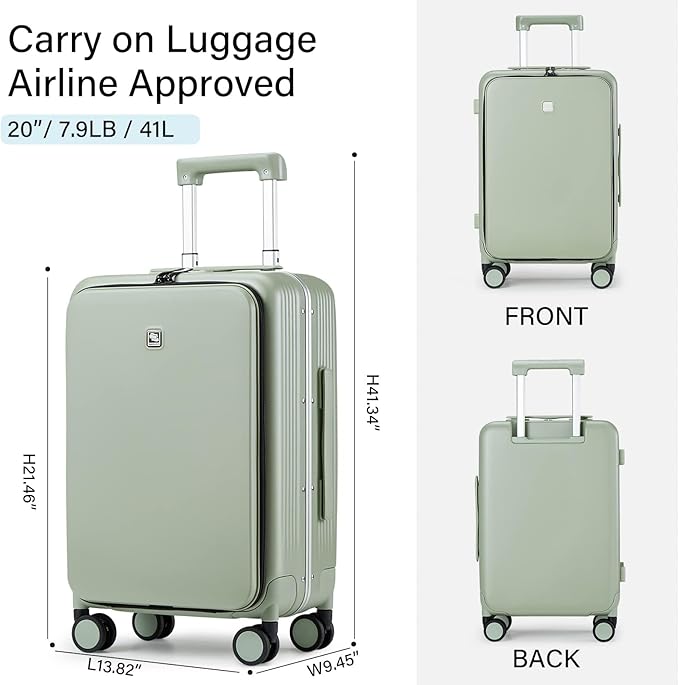 Hanke Grace Hard Shell Suitcases with Wheels,20 Inch Carry On Luggage Airline Approved with Aluminum Frame, Travel suitcase with Front Pocket Travel Luggage for Short Business Trips, Bamboo Green.