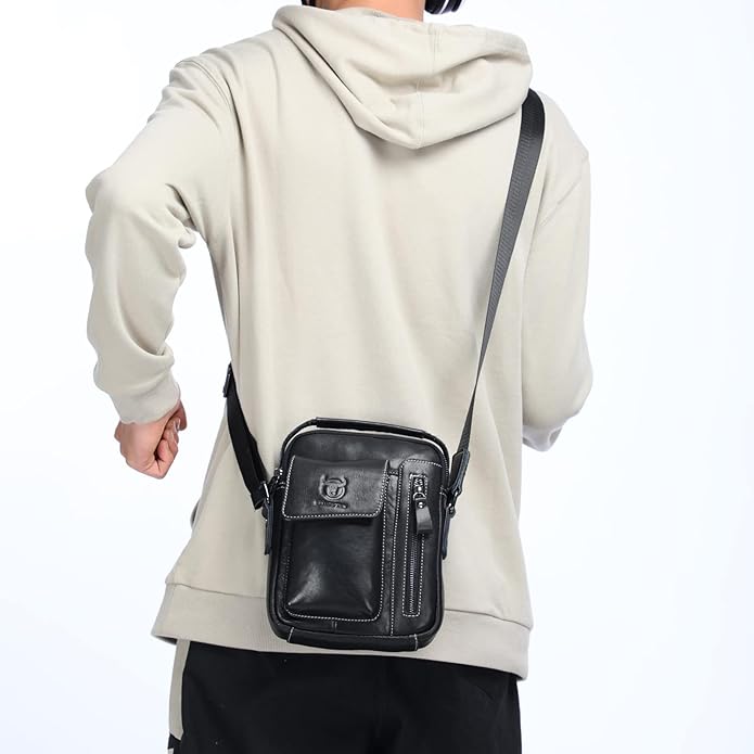 LUKZIJAES Small Genuine Leather Shoulder Bag Men Messenger Handbag Lightweight Sling Crossbody Bag
