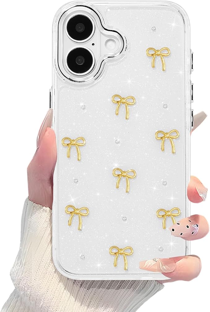 EYZUTAK Case for iPhone 16 Plus, Bling Glitter 3D Bowknot Phone Case Cute Sparkly Crystal Clear Bow Aesthetic Design Case Slim Soft Durable TPU Transparent Protective Cover for Women Girls - Gold Bow