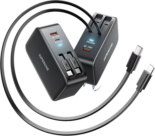 SUPERONE Retractable iPhone charger, 4-Port USB C Charger Block, iPhone Chargers Fast Charging with USB C & Apple Cable, Wall Chargers for iPhones 16/15/14/13/12/11 Series, Pad, Samsung, Pixel - Black