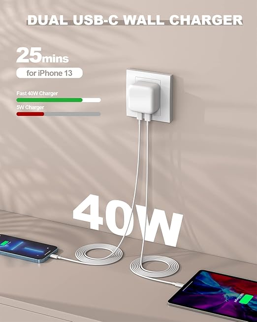 iPhone Fast Charger, 40W Dual USB-C Quick Wall Charger 10FT Charging 2pack 10FT Extra Long Lightning Cable+Double Port Foldable USBC iPhone Charger Fast Charging for iPhone 14/13/12/11/XR/XS/SE/iPad