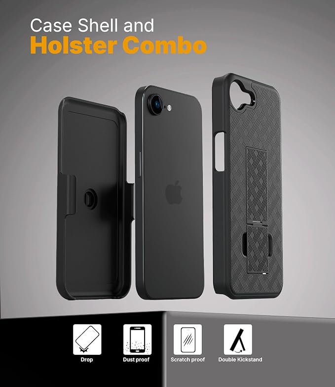 MOTIVE Designed for iPhone 16e Case with Belt Clip, Shell Holster Combo for Apple iPhone 16 e, Slim Rugged Case with Holster, Drop Shockproof Protective Cover & Kickstand 6.1" | Black - 2025