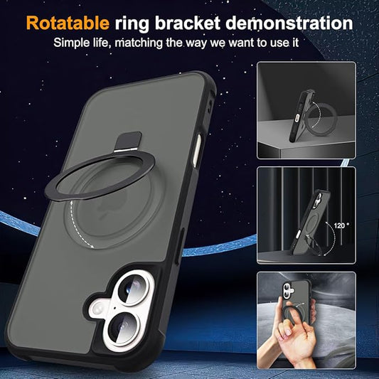 Compatible with iPhone 16 Plus Case with Invisible Magnetic O-Ring Stand Military-Grade Translucent Case for iPhone 16 Plus 6.7" [Compatible with Mag-Safe][Great Grip Feeling], Black