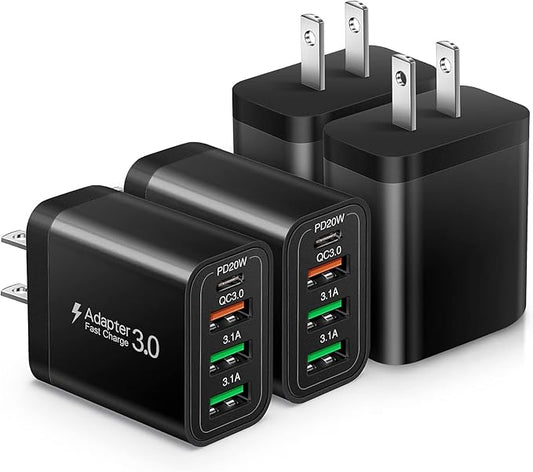 [4 Pack] USB-C Wall Charger, 35W 4-Port Quick 3.0+PD 3.0 Power Adapter, USB Fast Plug Charging Block Compatible for iPhone 16/15/15Pro/14/14 Pro/Max/14 Plus/13/12/11 XS/XR/X,Samsung Galaxy,Tablet