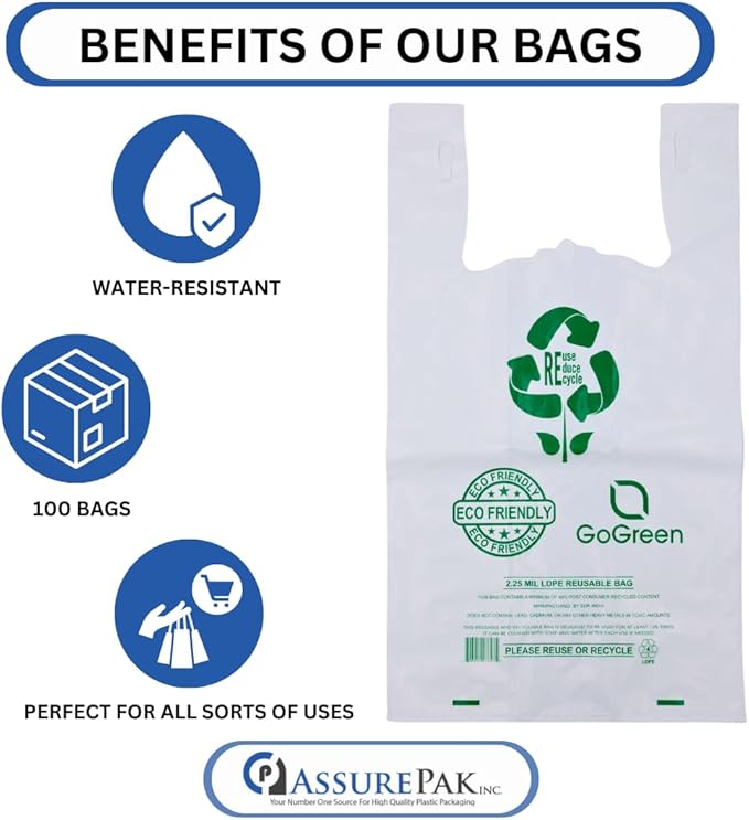 White Reusable/Eco-Friendly LDPE T-Shirt - Super Jumbo 20"x10"x36" - 100 Bags - 57 Micron (2.25 mil) - White - WHLD225MREUSE201036 - AssurePak