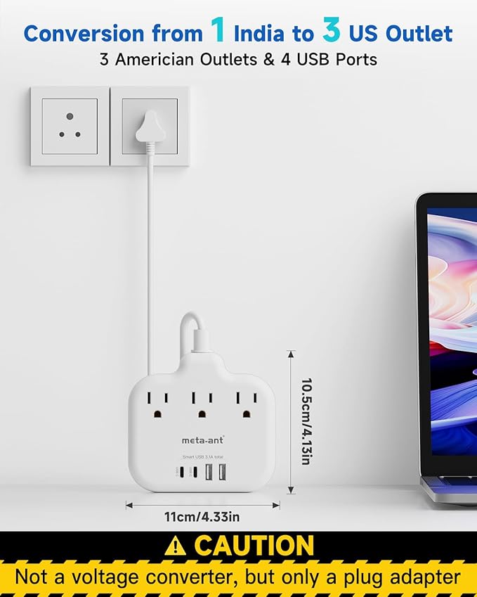 US to India Plug Adapter, meta-ant India Power Adapter with 3 American Outlets 4 USB Charger Ports(2 USB C), 5FT India Extension Cord, Type D Travel Adapter for USA to India Bangladesh Maldives Nepal