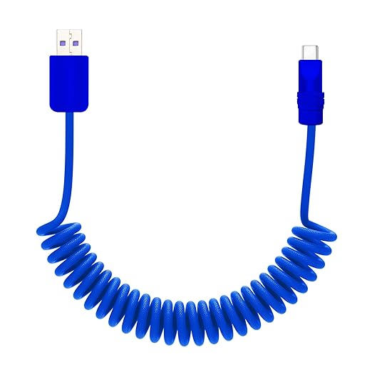chubbycable Curly Chubby Retractable Fast Charging Cable 120W Coiled Charger Cord for Car Durable USB C Cable Compatible with iPhone 16/15 Series, Dark Blue+Dark Blue, USB-A to Type-C, 1.3FT-2.3FT