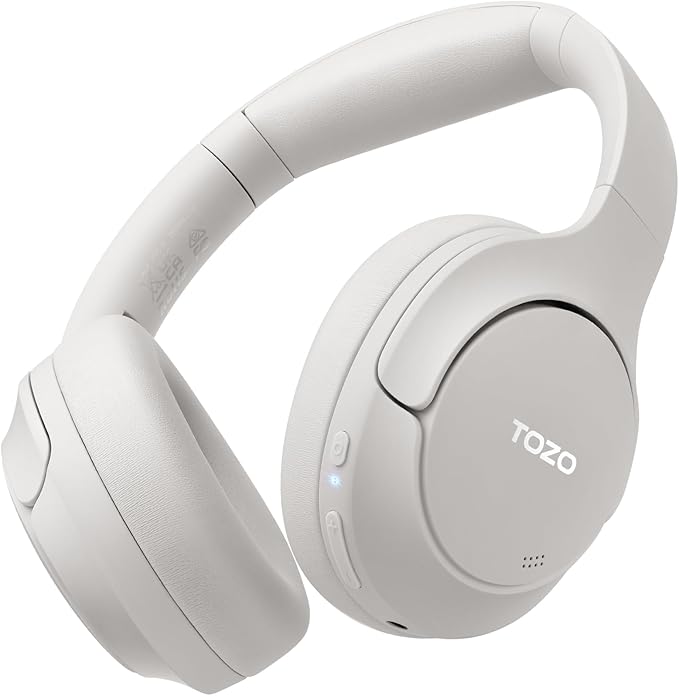 TOZO HT2 Hybrid Active Noise Cancelling Headphones, Wireless Over Ear Bluetooth Headset, 60H Playtime, Hi-Res Audio Custom EQ via App Deep Bass Comfort Fit Ear Cups, for Home Office Travel White