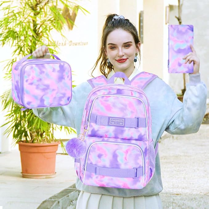 17 Inches Backpack for Girls Women, 3Pcs Tie-dye College School Bookbag Set for Teens Students, Water Resistant Laptop Backpacks with Lunch Bag(Purple)