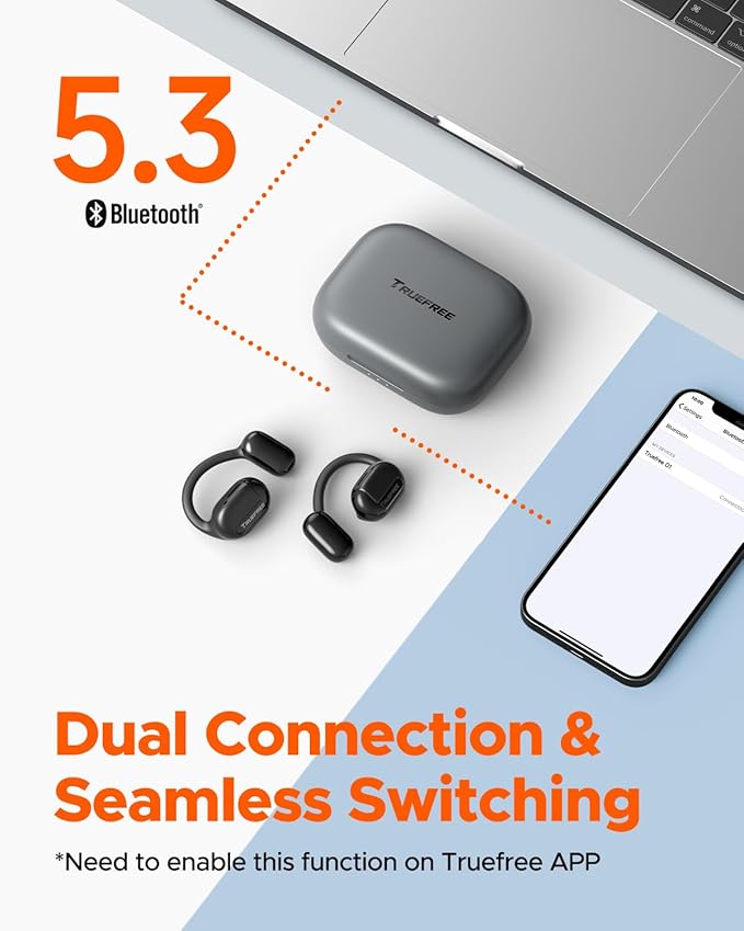 truefree O1 Open Ear Headphones Bluetooth 5.3 Wireless Open Ear Earbuds with 16.2mm Driver, Immersive Stereo Sound, Noise-Cancellation Mic for Clear Calls, 45H Playtime, for Sports Workout