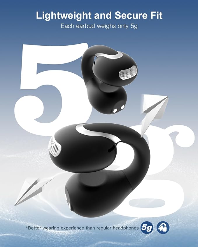 Open Ear Earbuds Bluetooth 5.4 True Wireless Clip On Earbuds Lightweight Comfort Bone Conduction Headphones Built-in Mic for Clear Audio Waterproof Stable Fit for Outdoor Sports Black