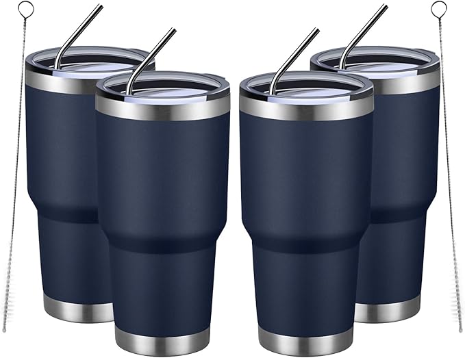 MEWAY 30oz Insulated Tumbler With Lids and Straws,Stainless Steel Double Vacuum Coffee Tumbler Cup, Brush, Durable Powder Coated Coffee Cup for Cold & Hot Drinks, Office, Travel(Navy,4 PACK)