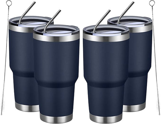 MEWAY 30oz Insulated Tumbler With Lids and Straws,Stainless Steel Double Vacuum Coffee Tumbler Cup, Brush, Durable Powder Coated Coffee Cup for Cold & Hot Drinks, Office, Travel(Navy,4 PACK)