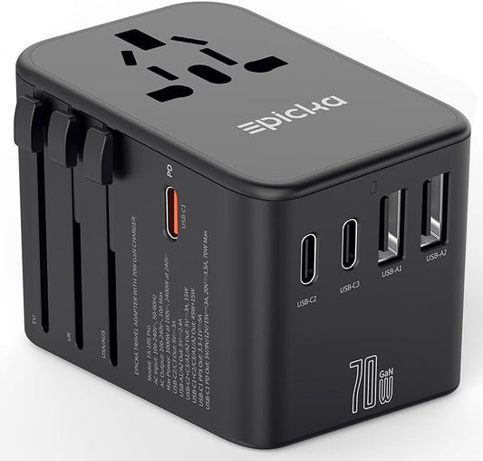 EPICKA Universal Travel Adapter, GaN International Plug Adapter with 3 USB-C 70W PD Fast Charging & 2 USB-A Adaptor All-in-one Wall Charger for USA EU UK AUS (TA-105 Pro, Black)