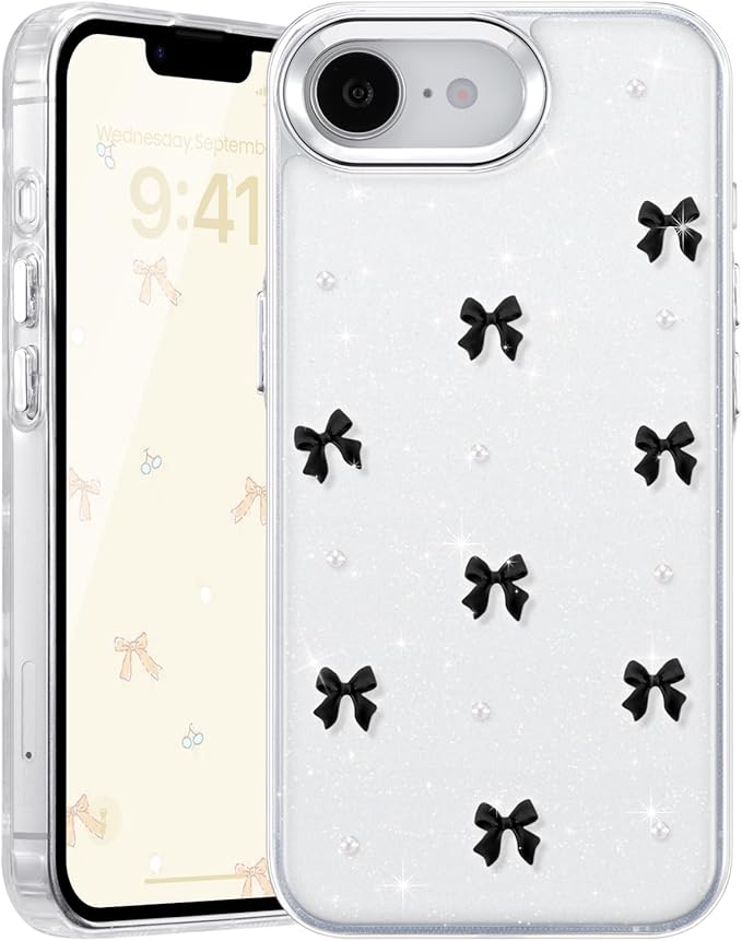 EYZUTAK Case for iPhone 16e, Bling Glitter 3D Bowknot Phone Case Cute Sparkly Crystal Clear Bow Aesthetic Design Cover Slim Soft Durable TPU Transparent Protective Cover for Women Girl - Black Bow