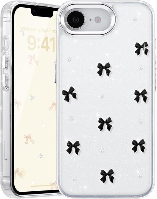 EYZUTAK Case for iPhone 16e, Bling Glitter 3D Bowknot Phone Case Cute Sparkly Crystal Clear Bow Aesthetic Design Cover Slim Soft Durable TPU Transparent Protective Cover for Women Girl - Black Bow