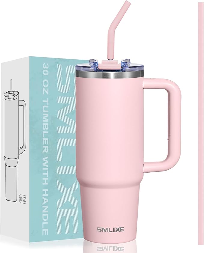 30 oz Tumbler with Handle, Tumbler with Lid and Straw, Double Wall Vacuum Insulated Travel Mug Stainless Steel Tumbler for Hot and Cold, Cupholder Friendly (Pink)