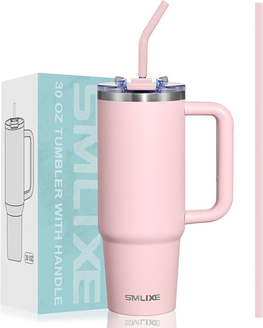 30 oz Tumbler with Handle, Tumbler with Lid and Straw, Double Wall Vacuum Insulated Travel Mug Stainless Steel Tumbler for Hot and Cold, Cupholder Friendly (Pink)