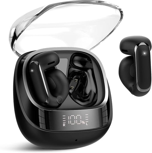 Wireless Earbuds, Clip On Ear Headphones, Bluetooth 5.4 HiFi Stereo Earbuds, 42H, LED Display Ear Buds, Comfortable Lightweight, IP7 Waterproof Open Ear Earphones, Earbud for Workouts Running, Black