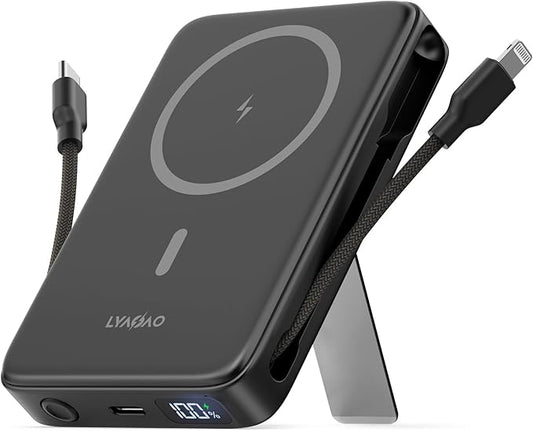2025 Magnetic Battery Pack 16800mAh Mobile Power Bank, Portable Charger with Foldable Stand and Built-in Cable, 20W USB-C Fast Charging, Suitable for iPhone 17/16/15/14/13/12 Series