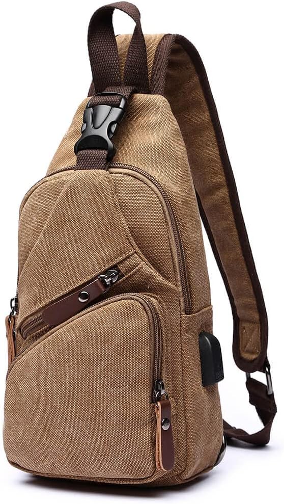 Canvas Sling Bag Crossbody Backpack Shoulder Casual Rucksack for Men Women Outdoor Cycling Hiking Travel Fishing Coffee
