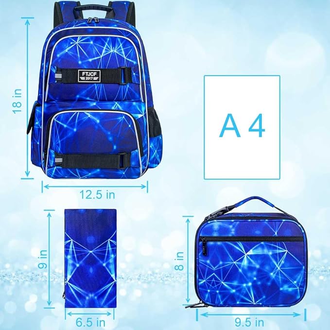3Pcs Backpack for Girls Boys, 17 Inch School Bookbag with Lunch Box, Durable Laptop Backpacks Set for Teens College