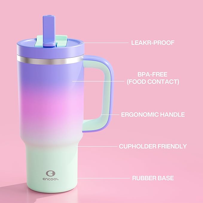 32 oz Tumbler with Handle and Straw: Stainless Steel Insulated Tumbler Keeps Cold for 24 Hours, Leakproof Travel Cup Fits in Cup Holder and BPA-Free, Frosted Lilac
