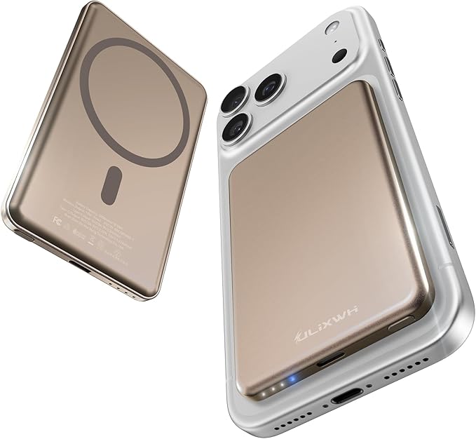 [0.3" Ultra Slim] [Alloy-Made] ULiXWH Magsafe Portable Charger for iPhone, 2025 Upgrade 5000mAh Fast Charging Magnetic Power Bank, Wireless Battery Pack for iPhone 17 Air 16 15 Pro Max 14, Desert Gold