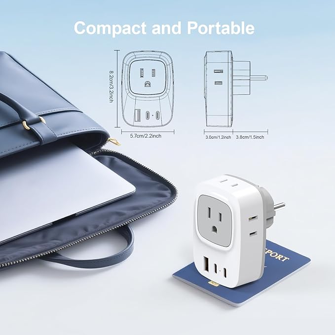 European Travel E F Plug Adapter, International Power Adapter with 4 AC Outlets 3 USB Charging Ports, Type C Outlet Adaptor Charger for US to EU Most of Europe EU Iceland Spain Italy France Germany