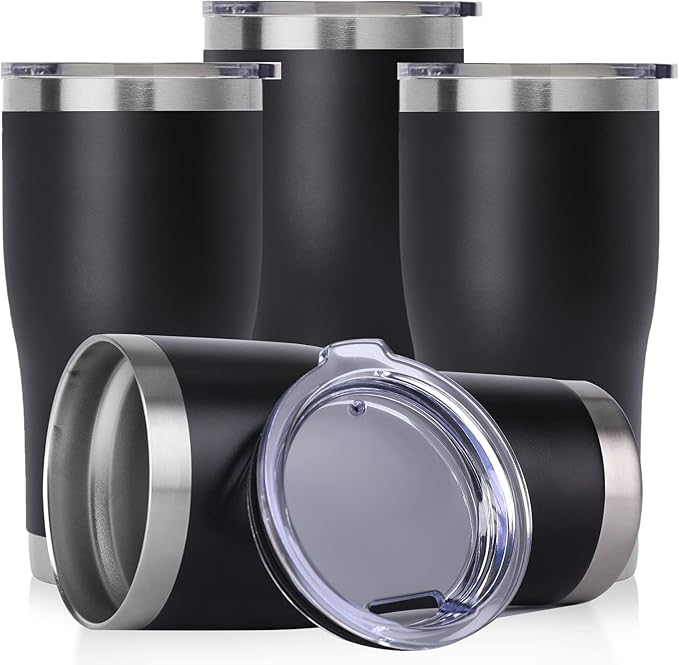 DOMICARE 20oz Tumbler with Lid Stainless Steel Tumblers Bulk, Double Wall Vacuum Insulated Coffee Travel Mug Powder Coated Tumbler, 4 Count (Pack of 1) Black