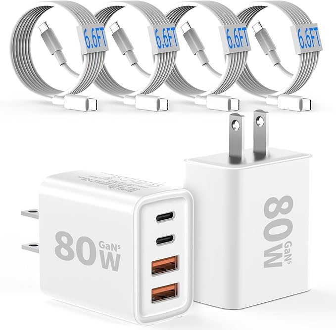 [2-Pack] USB C Wall Charger,80W 4-Port Type C Fast Charging Block,USBC Multiport Wall Plug PD&QC GaN Charging Cube with 6.6FT USB C Cable for iPhone 16/15/14/13/12/11/Pro Max/XS/XR, Samsung（White