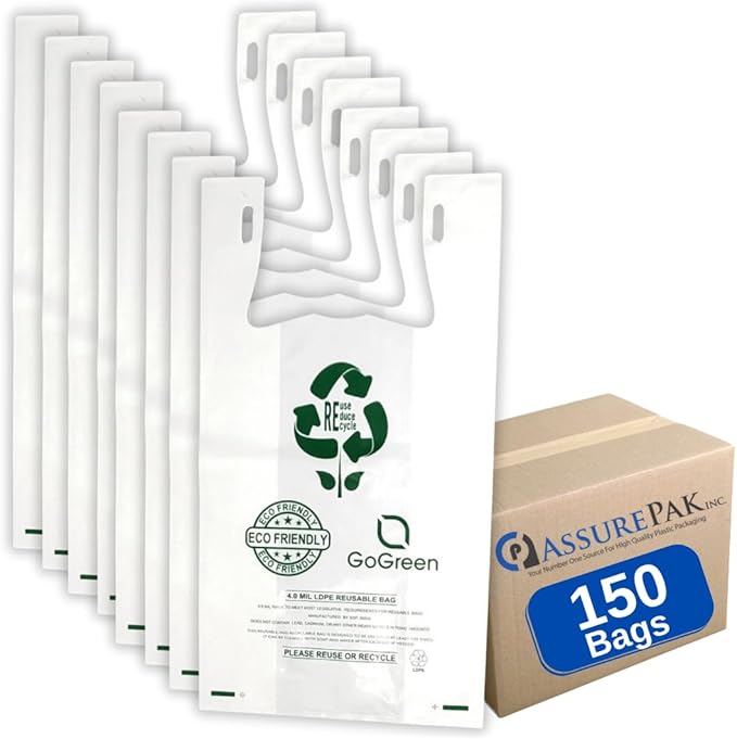 White Reusable/Eco-Friendly LDPE T-Shirt - 1/6 BBL 11.5"X6.5"X21" - 150 Bags - 101 Micron (4.0 mil) - White - WHLD4MREUSE1221