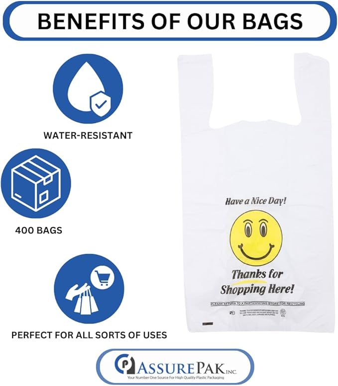 Easy Open - 400 Bags - White Happy Face/Smiley Face HDPE T-Shirt Bags - Full Size - 1/6 BBL 12"X7"X22"- 15 microns - White - HF1272215M-EO - AssurePak