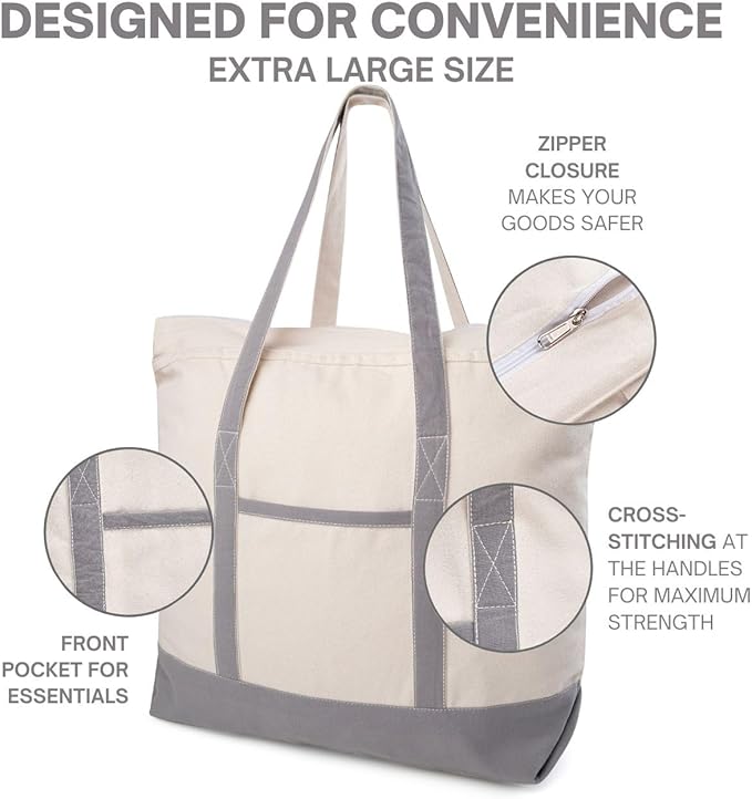 Cotton Canvas Tote Bag with an External Pocket & Top-Zipper Closure For - Gym, Beach, DIY, Work, Travel, Shopping