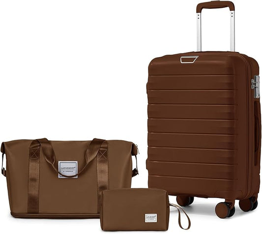 LARVENDER Luggage Sets 3 Piece, Hardside PP Carry On Suitcase with 360° Spinner Wheels TSA Lock Luggage Sets for Women, Maple