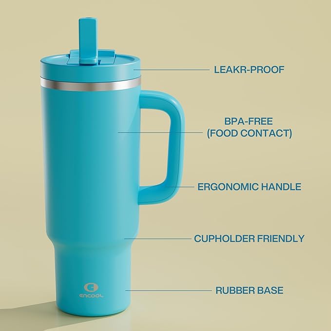40 oz Tumbler with Handle and Straw: Stainless Steel Insulated Tumbler Keeps Cold for 24 Hours, Leakproof Travel Cup Fits in Cup Holder and BPA-Free, Azure Blue