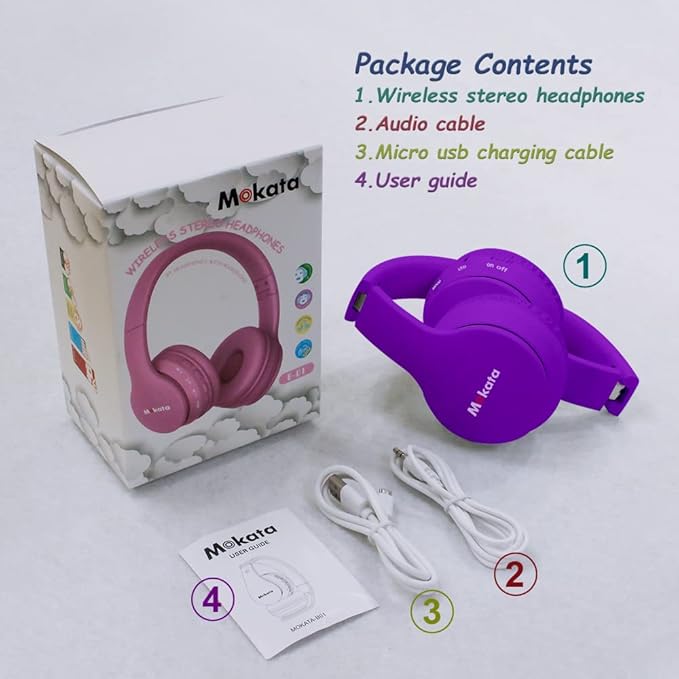 Headphones Kids Bluetooth 5.4 Wireless Play Time 68H Safe Volume Limit 85/94dB Over-Ear Foldable Headset,Fast Charging,with Aux Cord Built-in Mic for Toddler Child Pad Study Tablet Purple