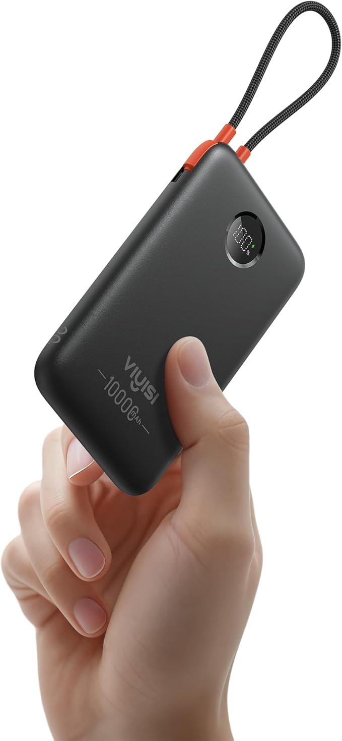 Slim Portable Charger 10000mAh, Travel Power Bank with Built-in USB-C Cable & LED Display, 22.5W Fast Charging Battery Pack Compatible with iPhone 16 15 Samsung S24 S23 -Black