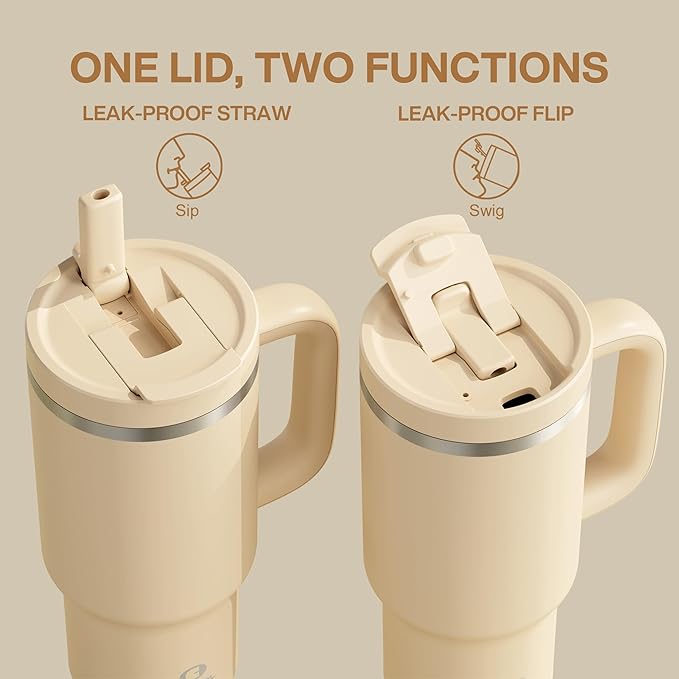 32 oz Tumbler with Handle and Straw: Stainless Steel Insulated Tumbler Keeps Cold for 24 Hours, Leakproof Travel Cup Fits in Cup Holder and BPA-Free, Indian Khaki